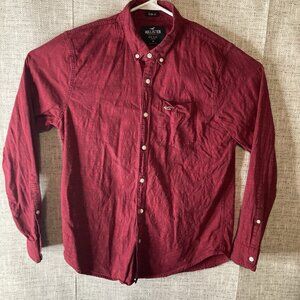 Hollister Mens Red Epic Flex Slim Fit Stretch Button Long Sleeve Shirt Size Med